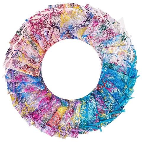 Sacchetti In Organza Con Stampa Oro E Motivo Corallo Iridescente 10x15cm (50pz) - Sacchetti Regalo A Rete Con Coulisse - Foto 4