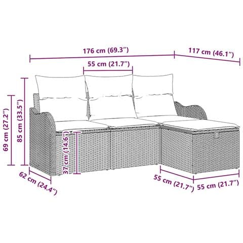 Set Divano da Giardino 4 pcs Nero e crema 176 x 117 x 85 cm - Foto 9