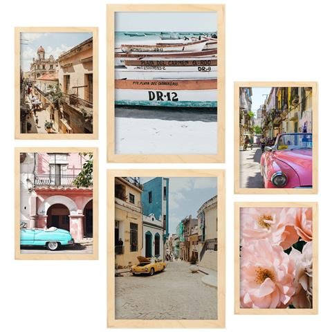 Set Di 6 Stampe Immagini Di Cuba, Stampe Artistiche Da Parete, Poster, Decorazioni, Design D'interni, Galleria D'arte A3 & A4 Telaio In Legno Chiaro - Foto 1