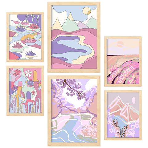 Set Di 6 Stampe Natura Indisturbata In Paesaggi Astratti, Dipinti Decorativi Estetici Per Il Tuo Soggiorno A Casa A3 & A4 Telaio In Legno Chiaro - Foto 1