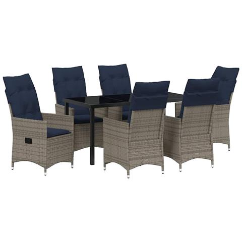 Set da Pranzo Giardino 7 Pezzi Rattan Grigio, Tavolo Giardino  Nero 160x80x73 cm con Vetro Temperato - Foto 1