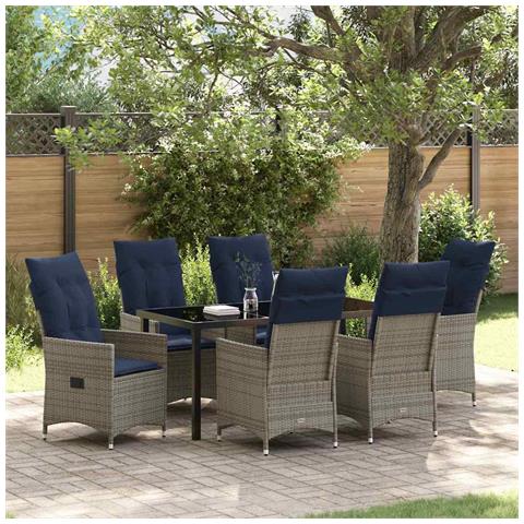 Set da Pranzo Giardino 7 Pezzi Rattan Grigio, Tavolo Giardino  Nero 160x80x73 cm con Vetro Temperato - Foto 2