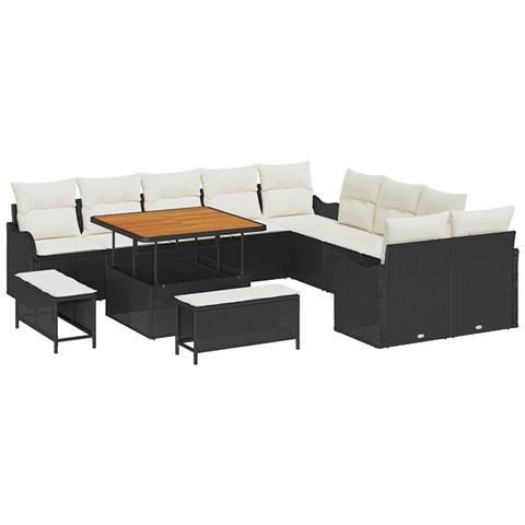 Set da giardino  13 pezzi con cuscini polyrattan nero, Divano da giardino 2 posti  con cuscini polyrattan nero, Set da pranzo da giardino 3 pezzi  con cuscini polyrattan nero - Foto 1