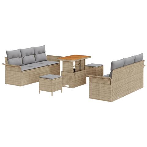 Set divani giardino 9 pezzi con cuscini beige in polyrattan, acacia,  Divano giardino 2 posti con cuscini beige in polyrattan,  Set pranzo giardino 3 pezzi con cuscini beige in polyrattan, acacia - Foto 1