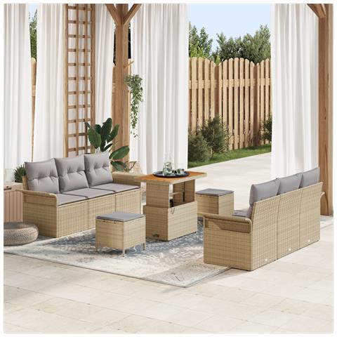 Set divani giardino 9 pezzi con cuscini beige in polyrattan, acacia,  Divano giardino 2 posti con cuscini beige in polyrattan,  Set pranzo giardino 3 pezzi con cuscini beige in polyrattan, acacia - Foto 2