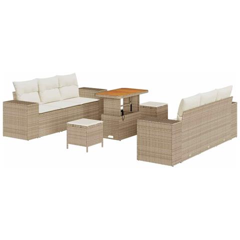 Set Divano da Giardino 9 Pezzi con Cuscini Beige Polyrattan Acacia, Set da Pranzo da Giardino 3 Pezzi con Cuscini Beige Polyrattan Acacia - Foto 1