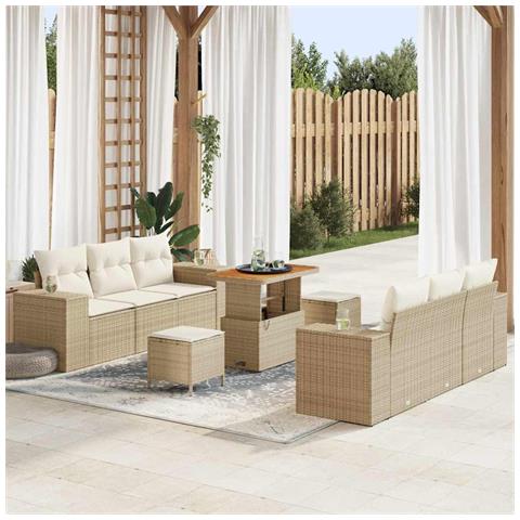 Set Divano da Giardino 9 Pezzi con Cuscini Beige Polyrattan Acacia, Set da Pranzo da Giardino 3 Pezzi con Cuscini Beige Polyrattan Acacia - Foto 2
