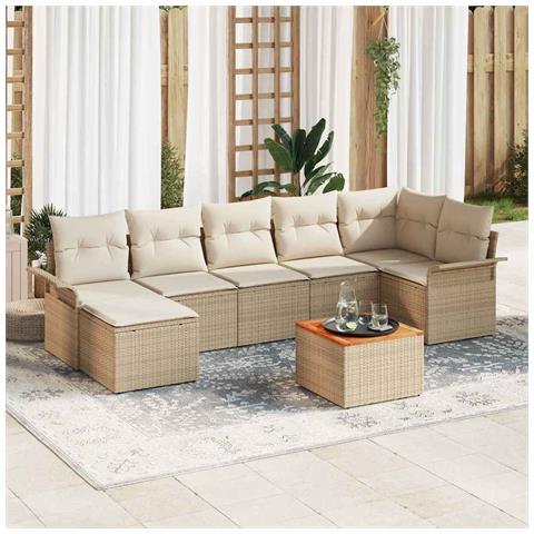 Set Divano Giardino da 8 Pezzi con Cuscini Beige in Poly Rattan Acacia - Foto 2