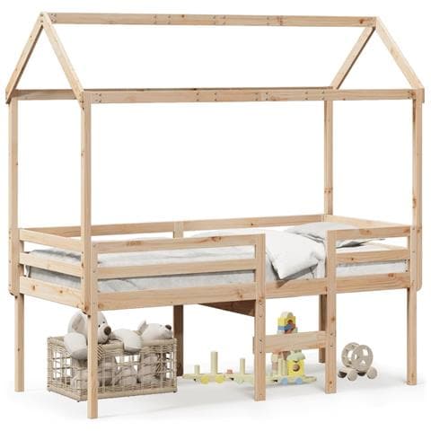 Letto a Soppalco con Tetto 90x190 cm Legno Massello di Pino - Foto 1