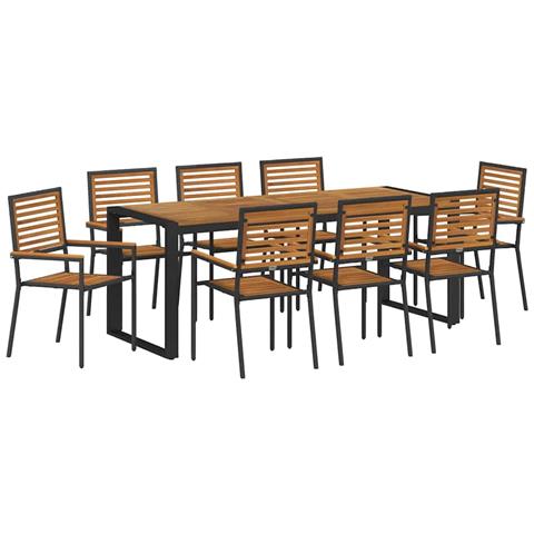 Set da Pranzo per Giardino 9 pcs Nero e Legno 200 x 80 x 75 cm - Foto 1