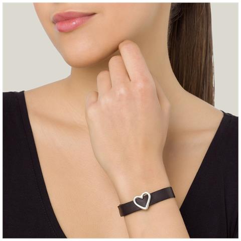 Bracciale In Pelle Nera Con Fibbia A Forma Di Cuore Placcata Argento - Foto 2