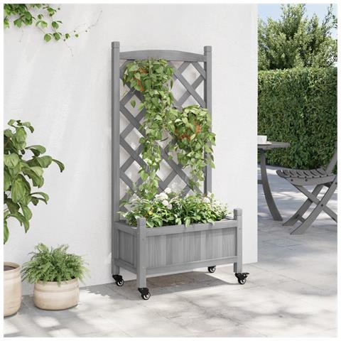 Fioriera Con Traliccio E Ruote Grigia Legno Massello Di Abete - Foto 3