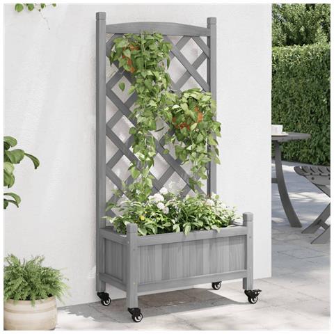 Fioriera Con Traliccio E Ruote Grigia Legno Massello Di Abete - Foto 1