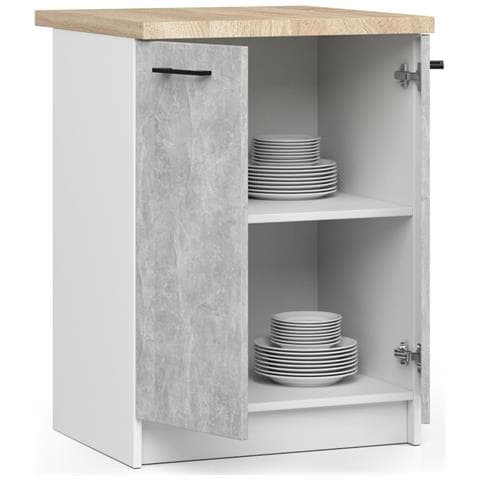 Mobile cucina modulare con piano di lavoro OLIWIA, 2 ante, 60x46x85 cm, Colore Bianco e Grigio Cemento - Foto 2