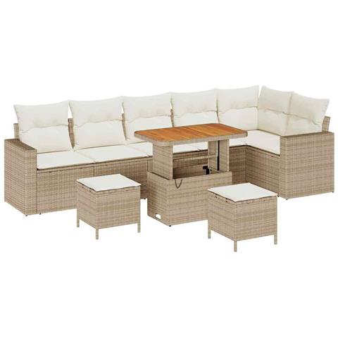 Set Divano da Giardino 9 Pezzi con Cuscini Beige Polyrattan Acacia,  Set da Pranzo da Giardino 3 Pezzi con Cuscini Beige Polyrattan Acacia - Foto 1