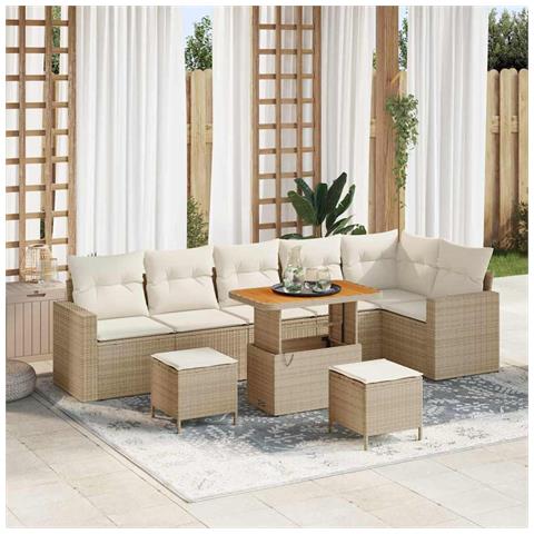 Set Divano da Giardino 9 Pezzi con Cuscini Beige Polyrattan Acacia,  Set da Pranzo da Giardino 3 Pezzi con Cuscini Beige Polyrattan Acacia - Foto 2