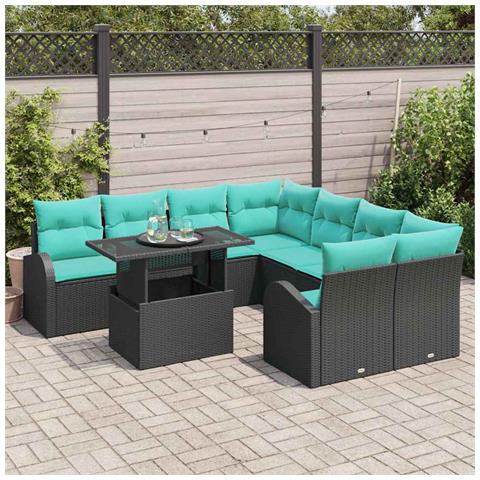 Set Divano da Giardino 9 pz Nero Rattan in Polipropilene - Foto 2