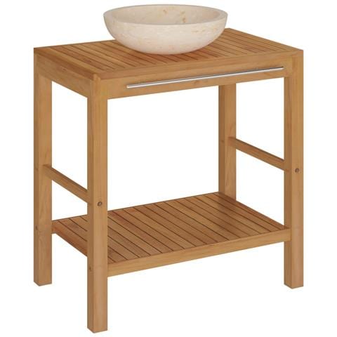 Armadietto Da Bagno In Legno Di Teak Con Lavabo In Marmo Crema - Foto 1