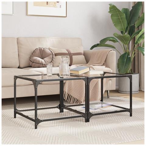 Tavolino Salotto Con Piano Vetro Trasparente 50x50x40cm Acciaio - Foto 2