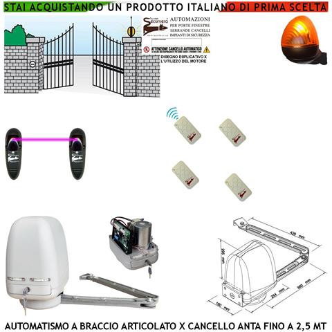 Automazione Cancello Kit Motore A Braccio Articolato 230/24 V Anta Battente Da 0,5 A 2,5 Mt Centrale 4 Radiocomandi Fa - Foto 1