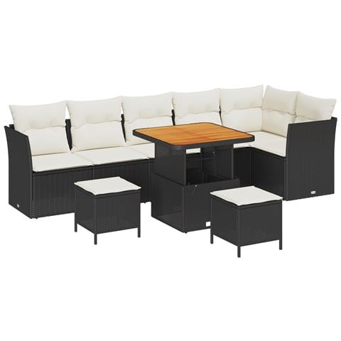 Set di divano da giardino 9 pezzi con cuscini Nero Poly Rattan Acacia, Set da pranzo da giardino 3 pezzi con cuscini Nero Poly Rattan Acacia - Foto 1
