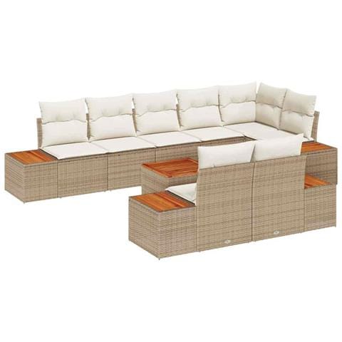 Set divani giardino 9 pezzi con cuscini beige in rattan sintetico e acacia - Foto 1