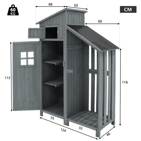 Armadio Da Giardino Casetta Da Giardino Armadio Da Giardino, Lxpxa:124x46x174cm, Adatto Anche Per Piccoli Giardini, Grigio, (capanna Di Legno, 1 Pz., Casetta Da Giardino) - Foto 4