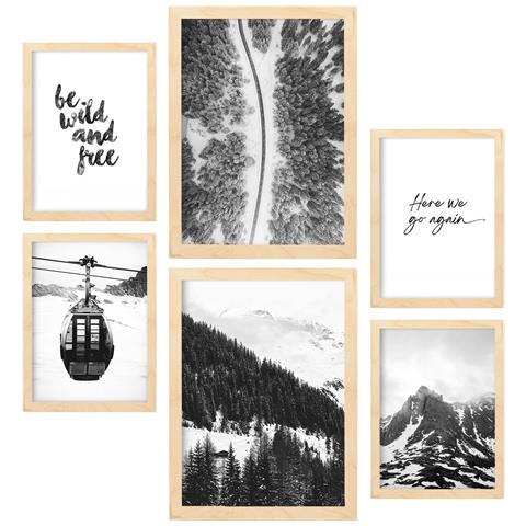 Set Di 6 Stampe Immagini Di Montagne In Bianco E Nero, Stampe Artistiche Da Parete, Poster Decorativi, Design D'interni In Galleria D'arte A3 & A4 Telaio In Legno Chiaro - Foto 1