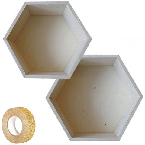 2 Ripiani Esagonali In Legno 24 X 21 Cm E 27 X 23,5 Cm + Washi Tape Dorato 5 M - Foto 2