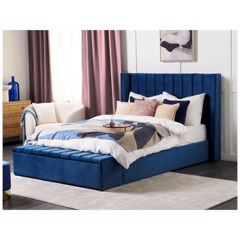 Letto Con Rete A Doghe Velluto Blu Marino 160 X 200 Cm Noyers - Foto 1