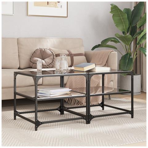 Tavolini Da Salotto Con Piano Vetro Nero 2pz 50x50x45cm Acciaio - Foto 1