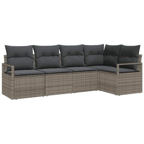 Set di divani da giardino con cuscini grigi in polyrattan 5 pezzi, Divano da giardino a 2 posti con contenitore e cuscini grigi in polyrattan - Foto 1