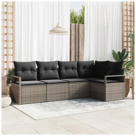 Set di divani da giardino con cuscini grigi in polyrattan 5 pezzi, Divano da giardino a 2 posti con contenitore e cuscini grigi in polyrattan - Foto 2