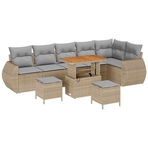 Set Divani Giardino 9 Pezzi con Cuscini Beige Pol Rattan Acacia, Set Pranzo Giardino 3 Pezzi con Cuscini Beige Pol Rattan Acacia - Foto 1