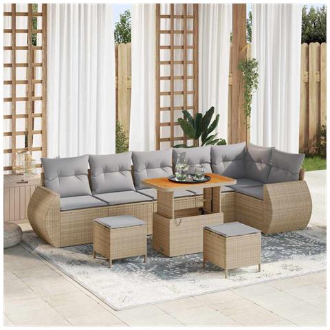Set Divani Giardino 9 Pezzi con Cuscini Beige Pol Rattan Acacia, Set Pranzo Giardino 3 Pezzi con Cuscini Beige Pol Rattan Acacia - Foto 2