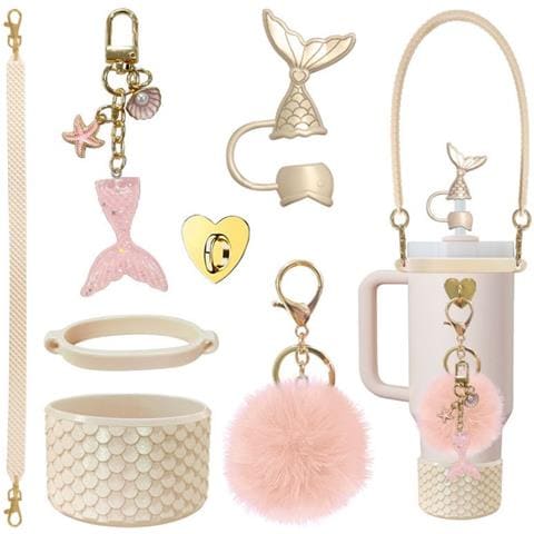 Kit Di Accessori Sirena 7 Pezzi Per Borracce Stanley - Porta Bicchiere In Silicone A Squame Di Pesce, Cinghia, Ciondoli Pink + Gold - Foto 1