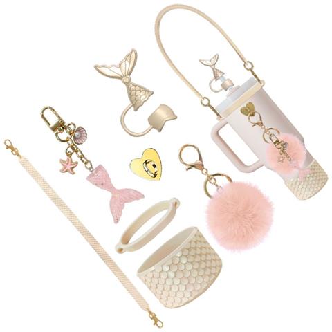Kit Di Accessori Sirena 7 Pezzi Per Borracce Stanley - Porta Bicchiere In Silicone A Squame Di Pesce, Cinghia, Ciondoli Pink + Gold - Foto 2