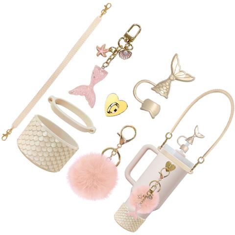 Kit Di Accessori Sirena 7 Pezzi Per Borracce Stanley - Porta Bicchiere In Silicone A Squame Di Pesce, Cinghia, Ciondoli Pink + Gold - Foto 3