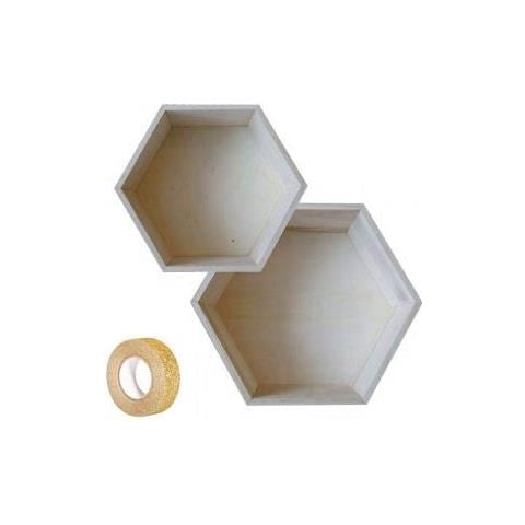 2 Ripiani Esagonali In Legno 27 X 23,5 Cm E 30 X 26,5 Cm + Washi Tape Dorato 5 M - Foto 1