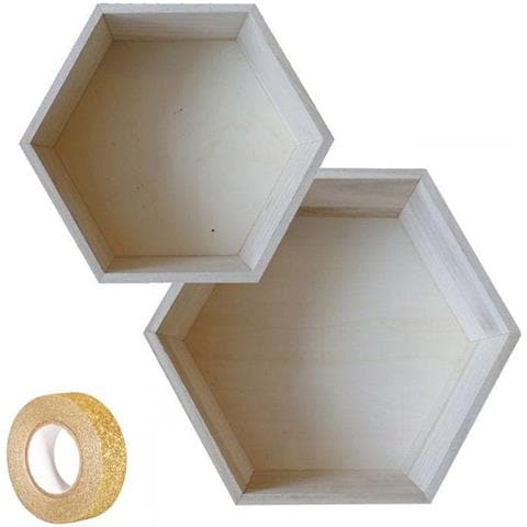 2 Ripiani Esagonali In Legno 27 X 23,5 Cm E 30 X 26,5 Cm + Washi Tape Dorato 5 M - Foto 2