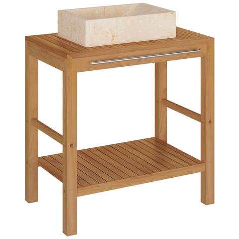 Armadietto Da Bagno In Legno Di Teak Con Lavabo In Marmo Crema - Foto 1