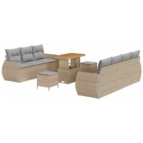 Set di divani da giardino 10 pezzi con cuscini beige polyrattan acacia, Set da pranzo da giardino 3 pezzi con cuscini beige polyrattan acacia - Foto 1