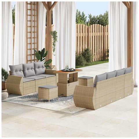 Set di divani da giardino 10 pezzi con cuscini beige polyrattan acacia, Set da pranzo da giardino 3 pezzi con cuscini beige polyrattan acacia - Foto 2