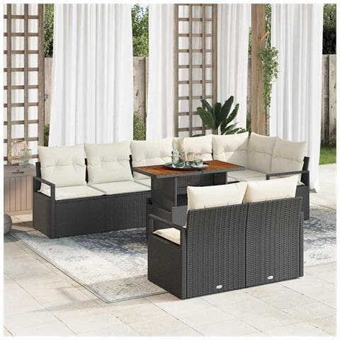 Set di divano da giardino 9 pezzi con cuscini Nero Polyrattan Acacia, Divano da giardino 2 posti con cuscini Nero Polyrattan - Foto 2