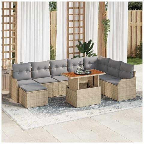 Set Divano da Giardino 9 Pezzi con Cuscini Beige Polyrattan Acacia, Divano da Giardino 2 Posti con Cuscini Beige Polyrattan - Foto 2
