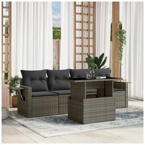Set Divano da Giardino 5 pz con Cuscini Grigio in Polyrattan - Foto 2