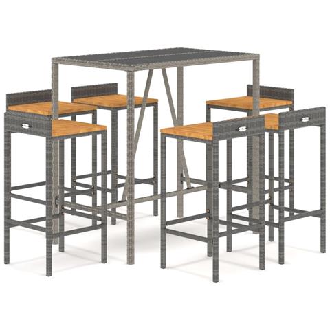Set Bar Giardino 7pz Grigio Polyrattan e Legno Massello Acacia - Foto 1