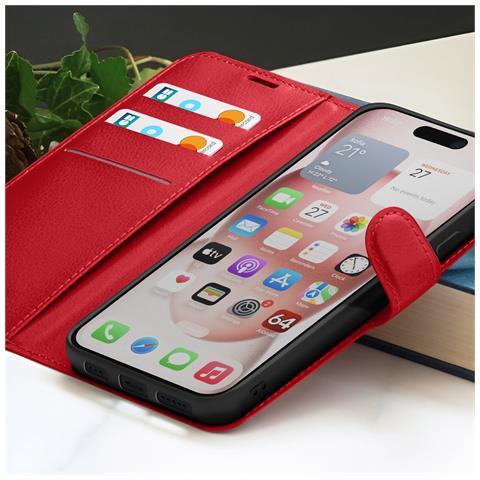Custodia A Portafoglio Per Iphone 15 Con Supporto E Linguetta Magnetica, Rosso - Foto 5