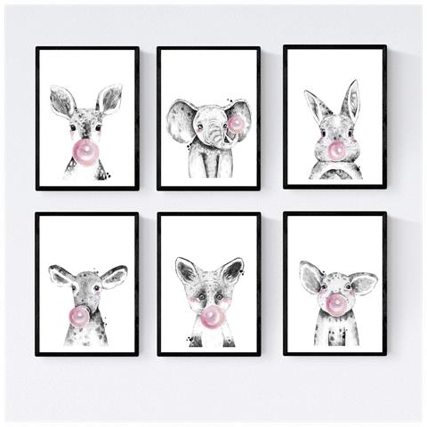 Set Di 6 Stampe Animali Bambini Con Gomma Da Masticare Cervo Maiali Elefante Coniglio Mucca Zorro A3 Cornice Nera - Foto 1