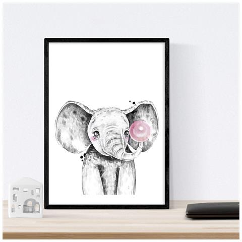 Set Di 6 Stampe Animali Bambini Con Gomma Da Masticare Cervo Maiali Elefante Coniglio Mucca Zorro A3 Cornice Nera - Foto 2